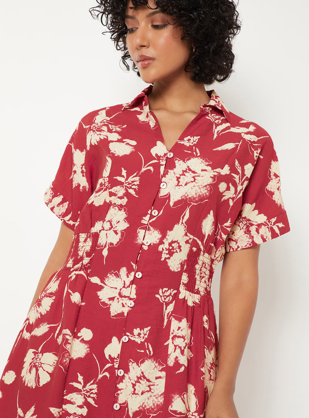 Women Floral Print Shirt Dress