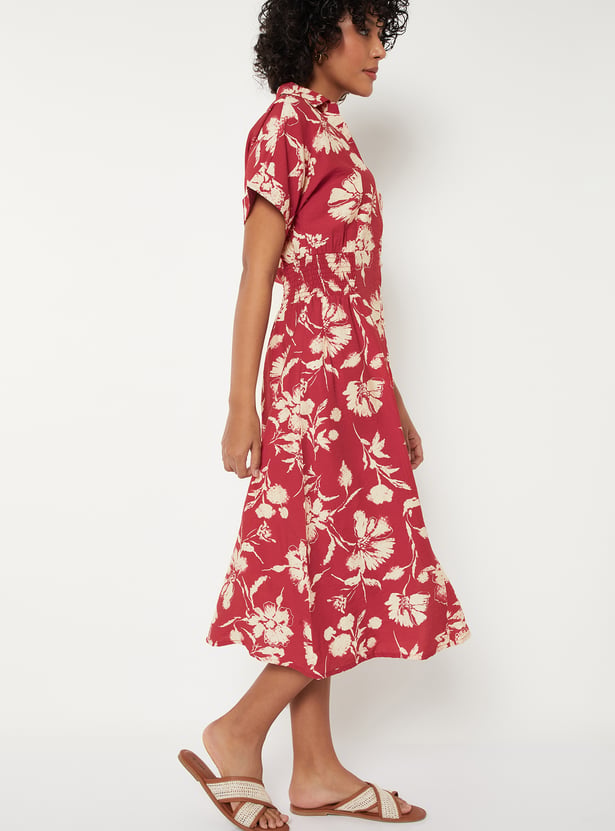 Women Floral Print Shirt Dress