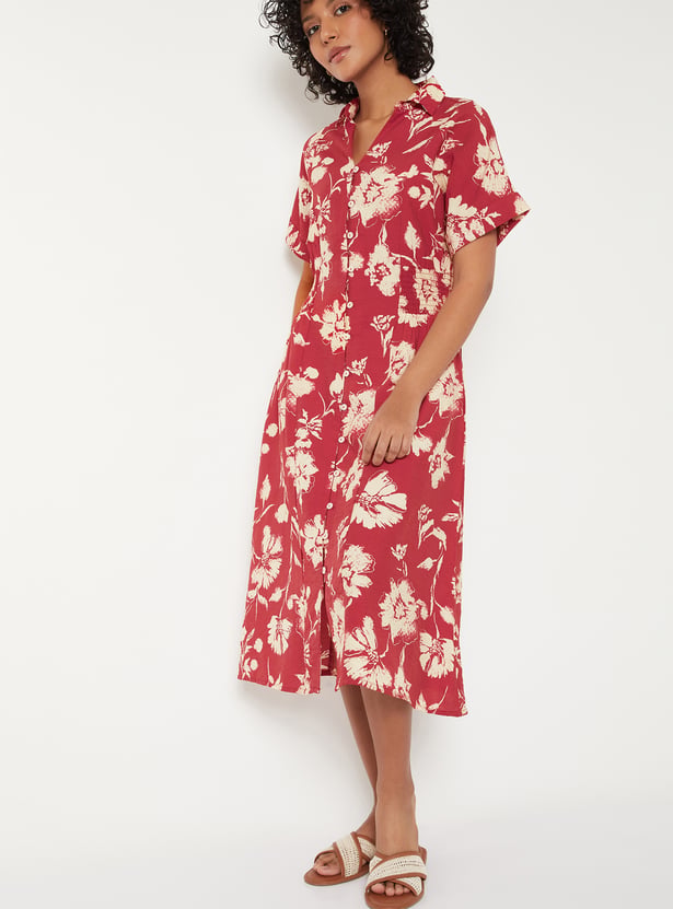 Women Floral Print Shirt Dress