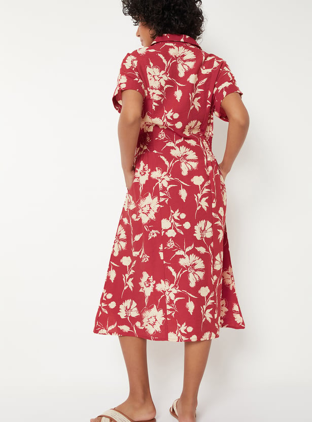 Women Floral Print Shirt Dress