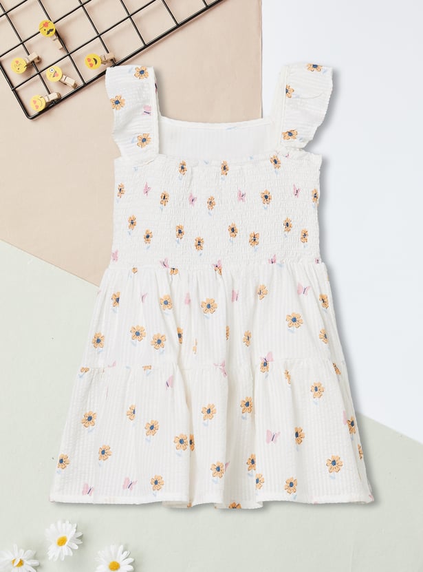 Girls Floral Print Smocked Dress