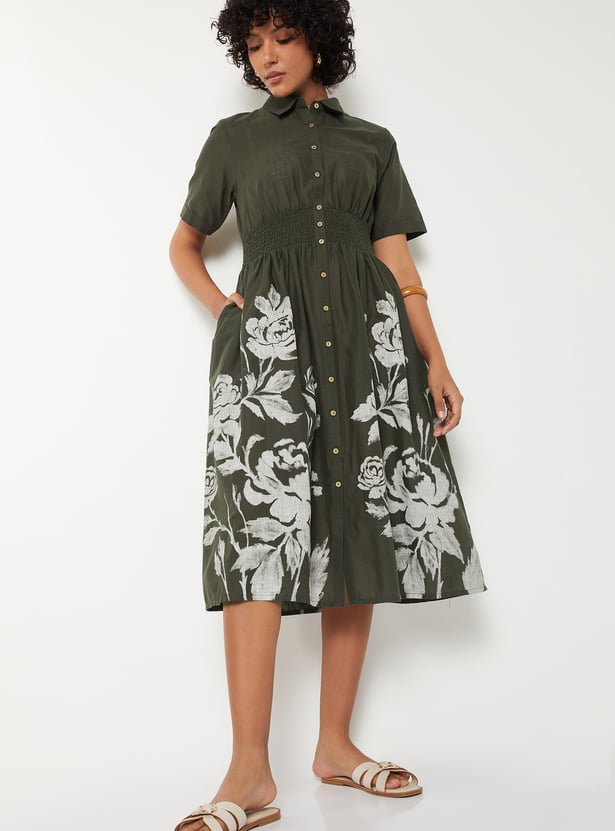 Women Floral Print Shirt Dress