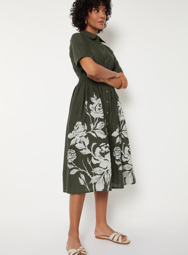 Women Floral Print Shirt Dress