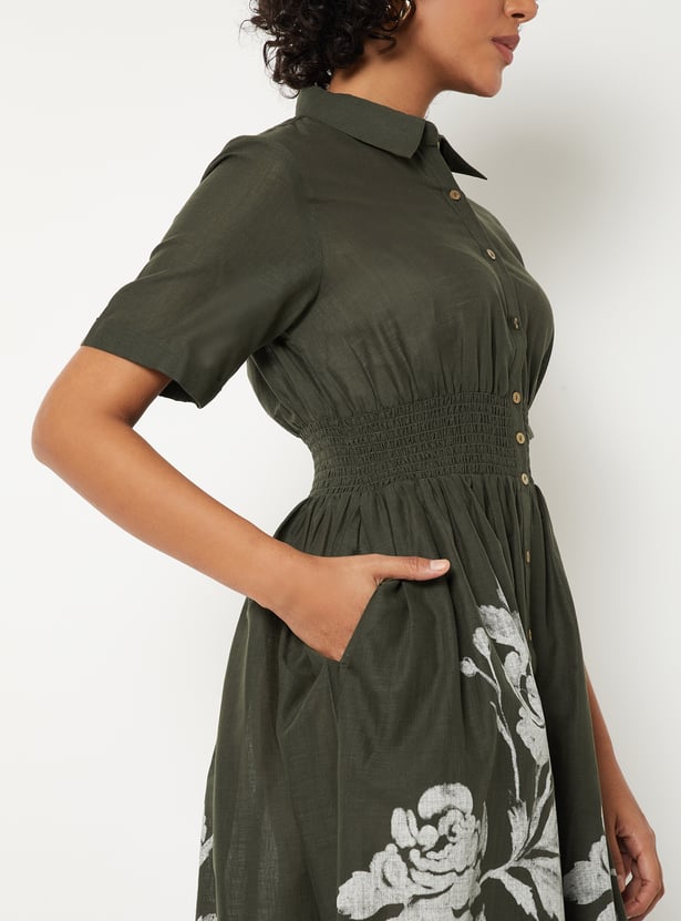 Women Floral Print Shirt Dress