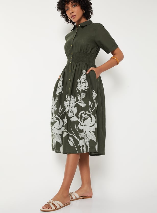 Women Floral Print Shirt Dress