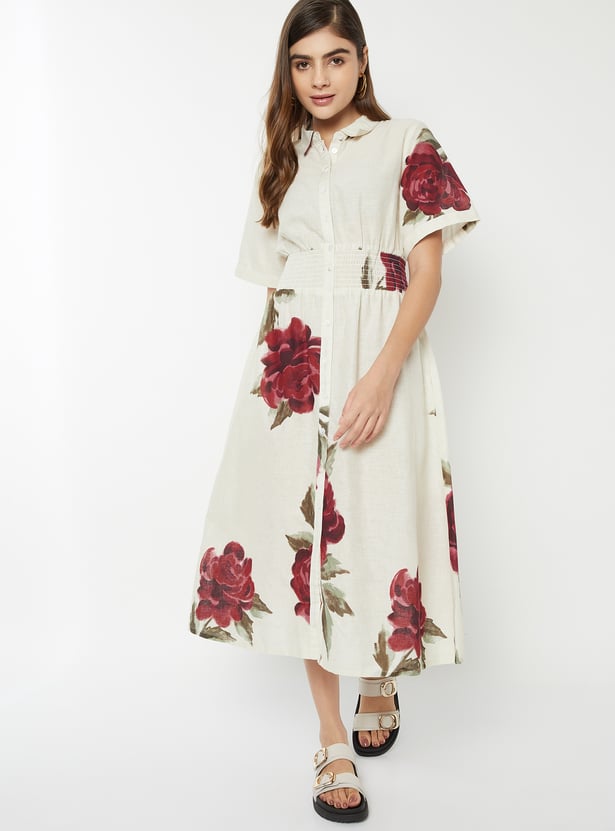 Women Floral Print Shirt Dress