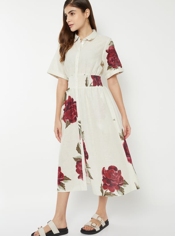 Women Floral Print Shirt Dress