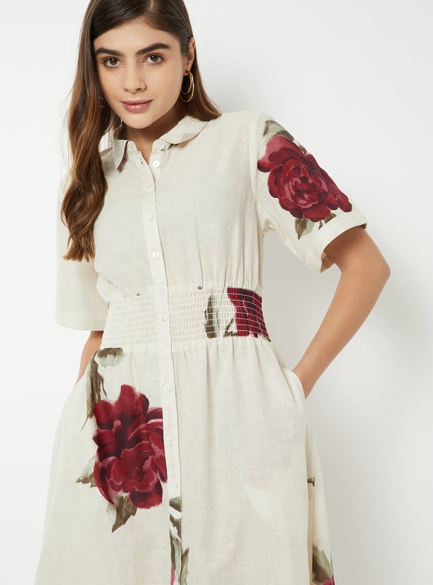 Women Floral Print Shirt Dress