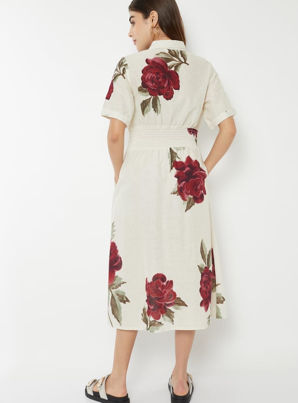 Women Floral Print Shirt Dress