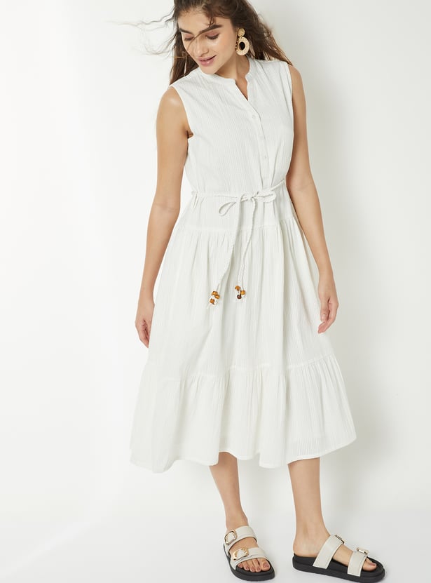 Women Striped Seersucker Midi Dress