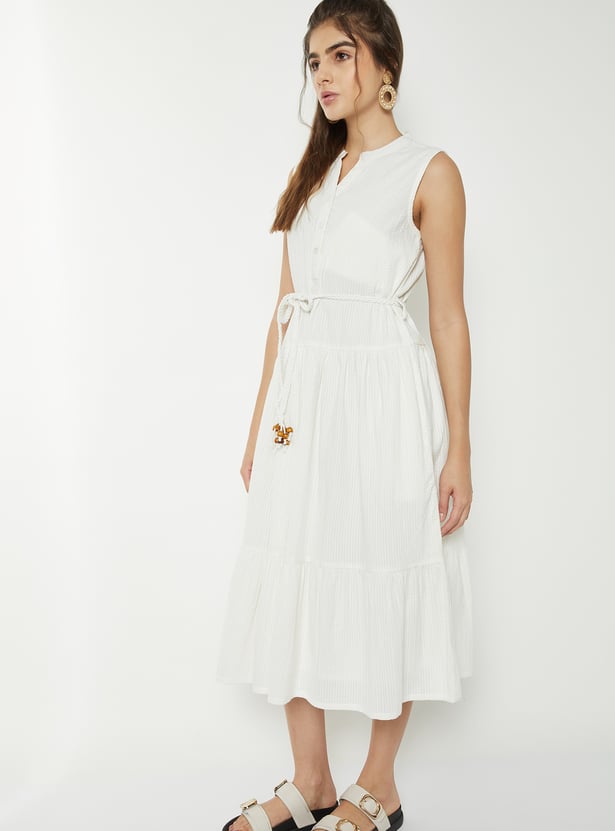 Women Striped Seersucker Midi Dress