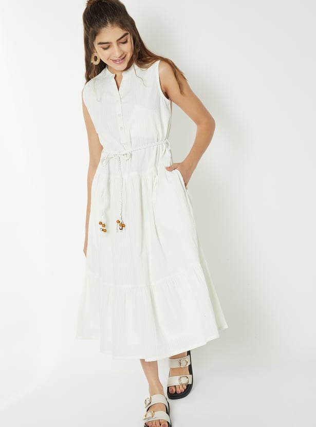 Women Striped Seersucker Midi Dress