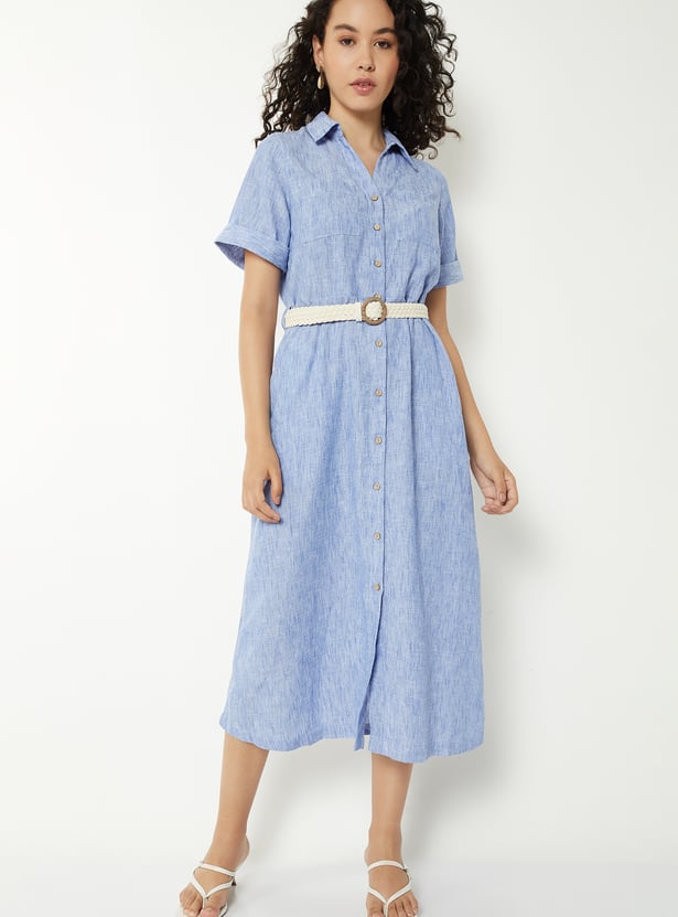 Women Textured Shirt Dress with Belt