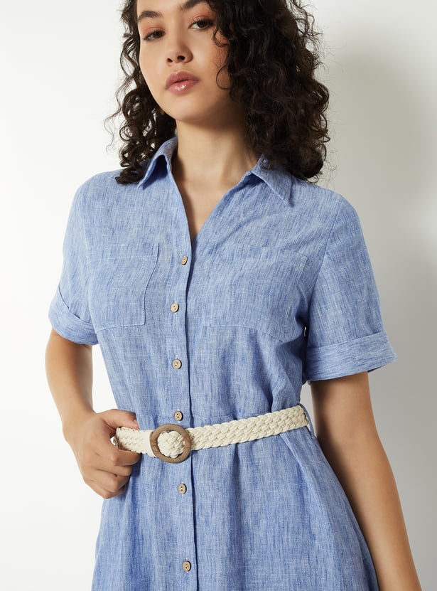 Women Textured Shirt Dress with Belt