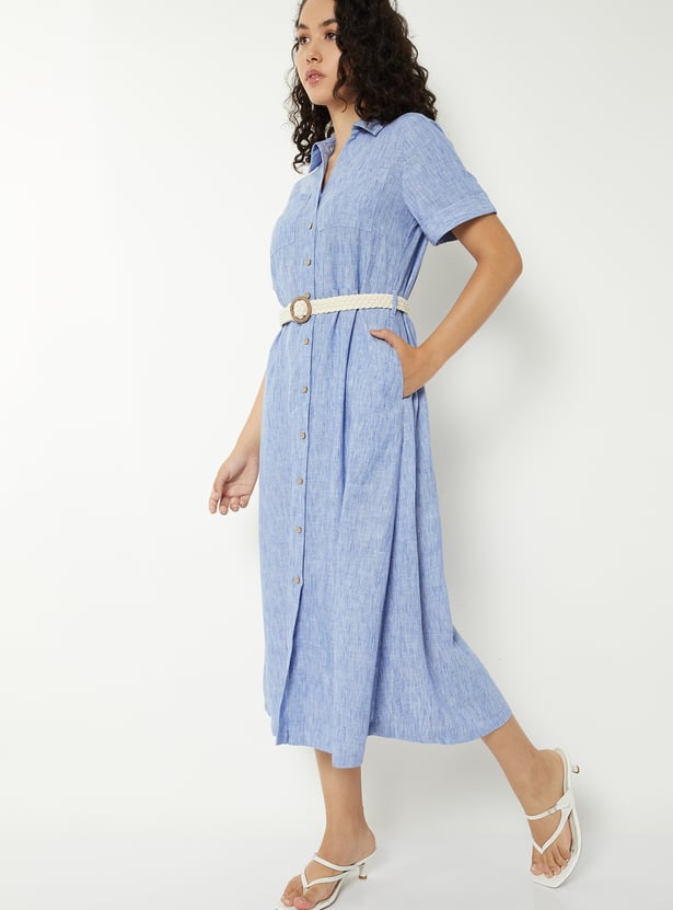 Women Textured Shirt Dress with Belt