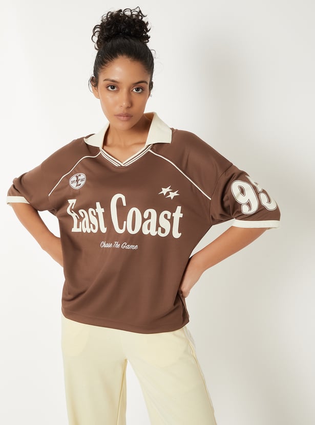 Women Printed Johnny Collar Sports T-shirt