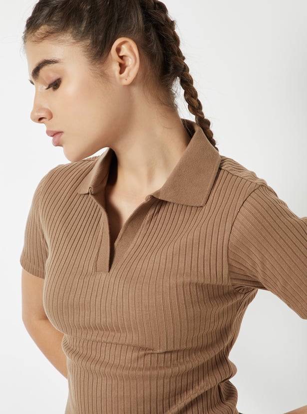 Women Ribbed Johnny Collar Sports T-shirt