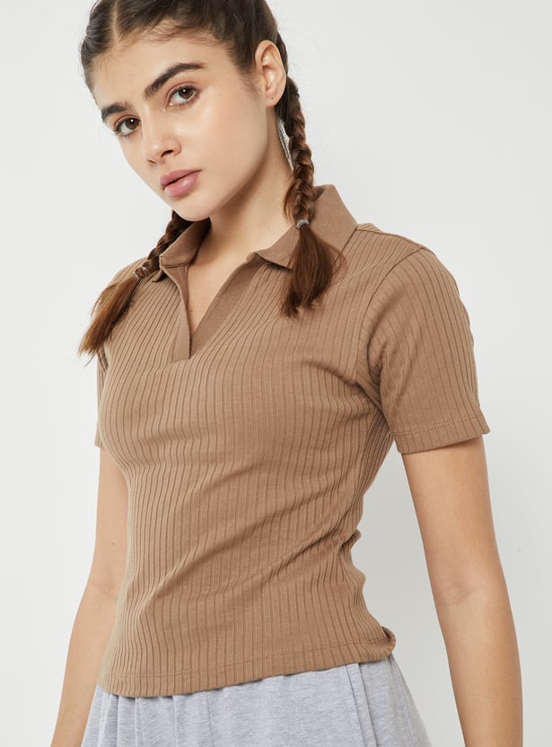 Women Ribbed Johnny Collar Sports T-shirt
