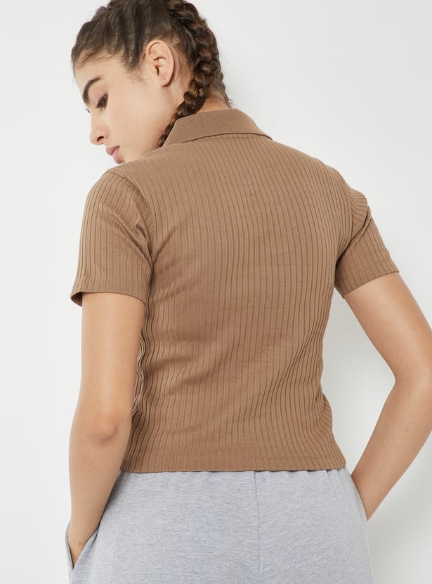 Women Ribbed Johnny Collar Sports T-shirt