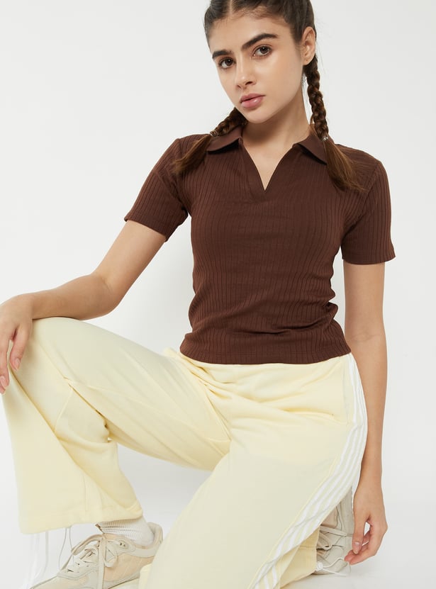 Women Ribbed Johnny Collar Sports T-shirt