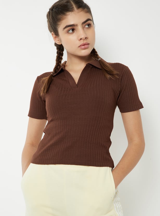 Women Ribbed Johnny Collar Sports T-shirt