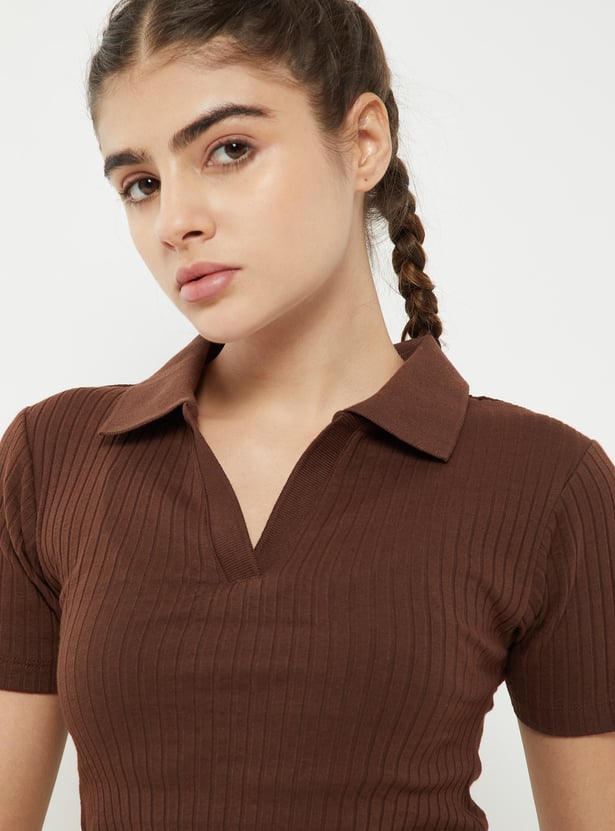 Women Ribbed Johnny Collar Sports T-shirt