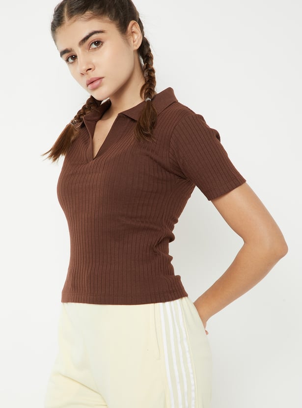 Women Ribbed Johnny Collar Sports T-shirt