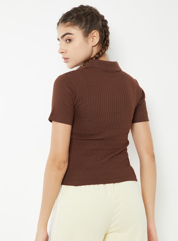 Women Ribbed Johnny Collar Sports T-shirt