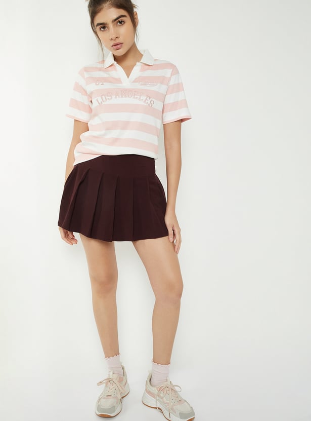 Women Striped Johnny Collar Sports T-shirt