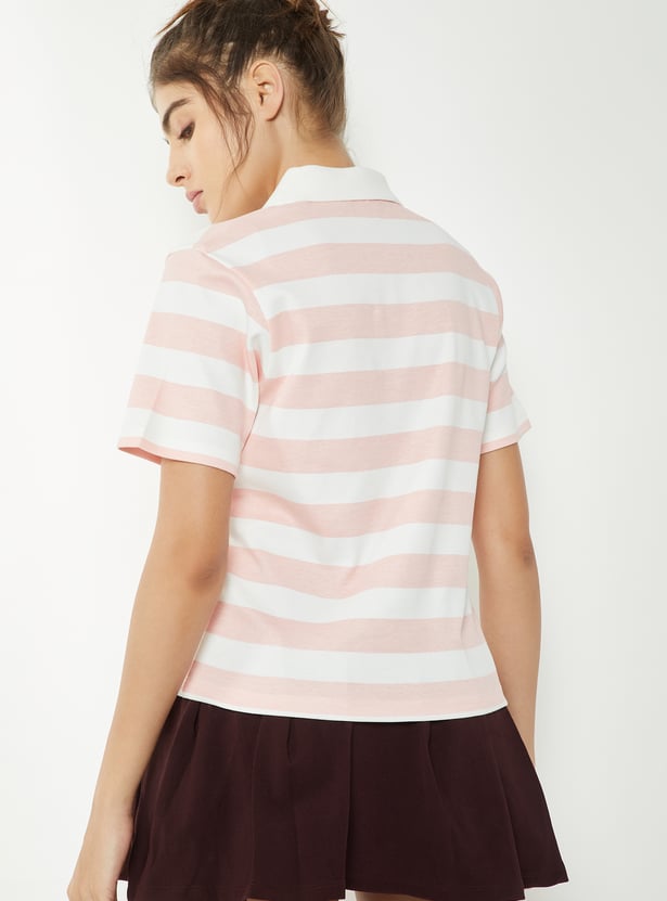 Women Striped Johnny Collar Sports T-shirt