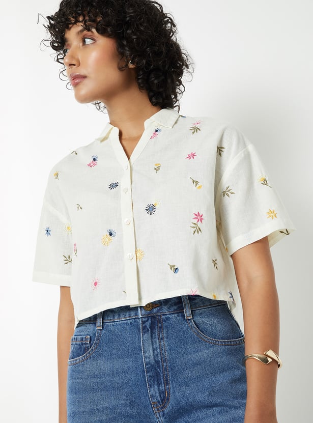 Women Embroidered Drop Shoulder Crop Shirt