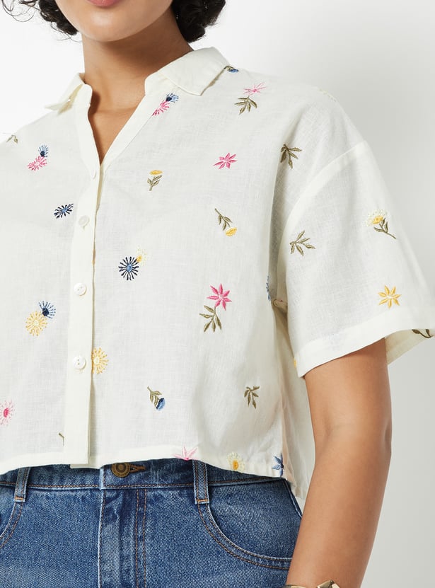 Women Embroidered Drop Shoulder Crop Shirt