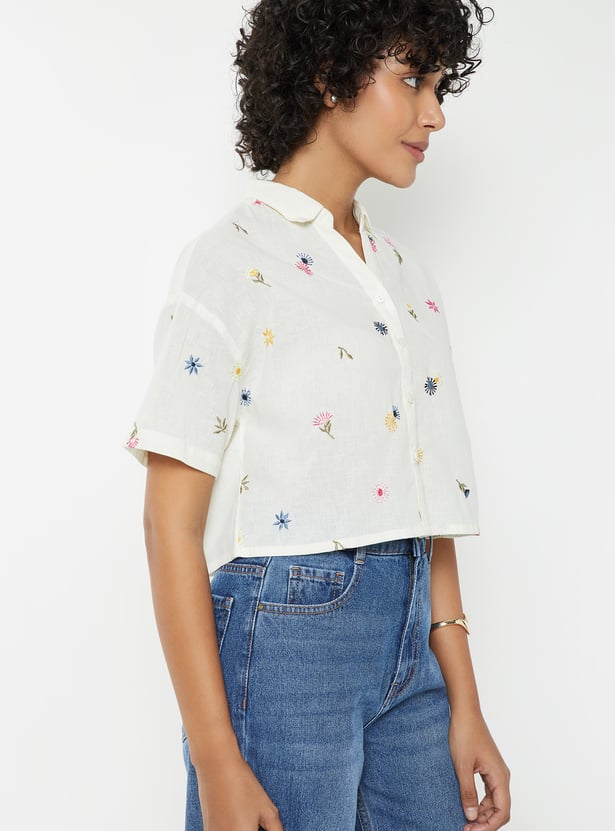 Women Embroidered Drop Shoulder Crop Shirt