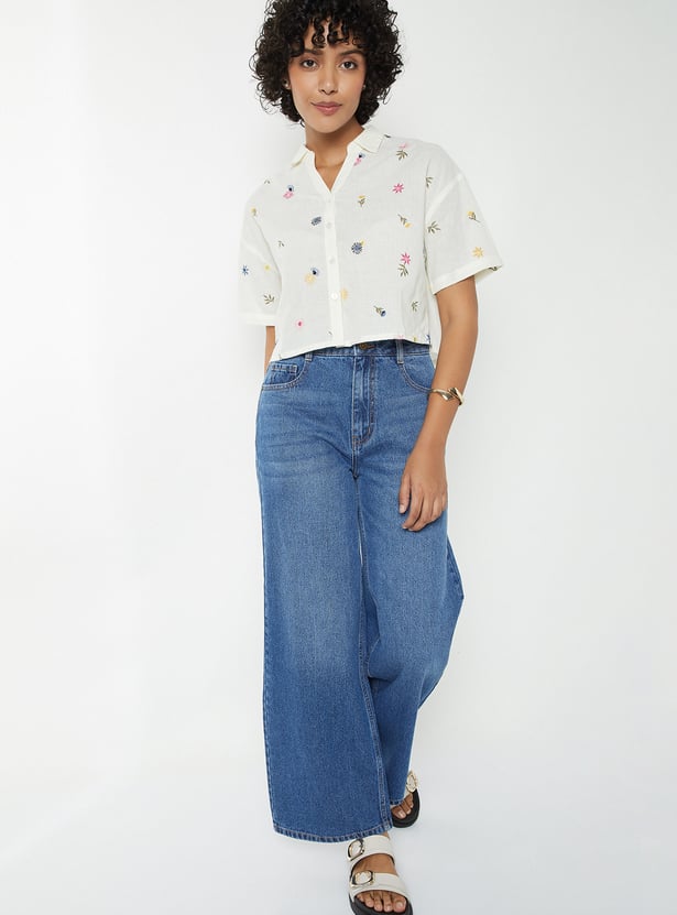 Women Embroidered Drop Shoulder Crop Shirt