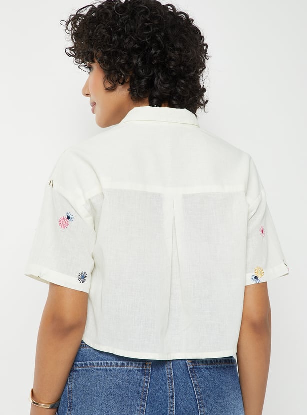 Women Embroidered Drop Shoulder Crop Shirt
