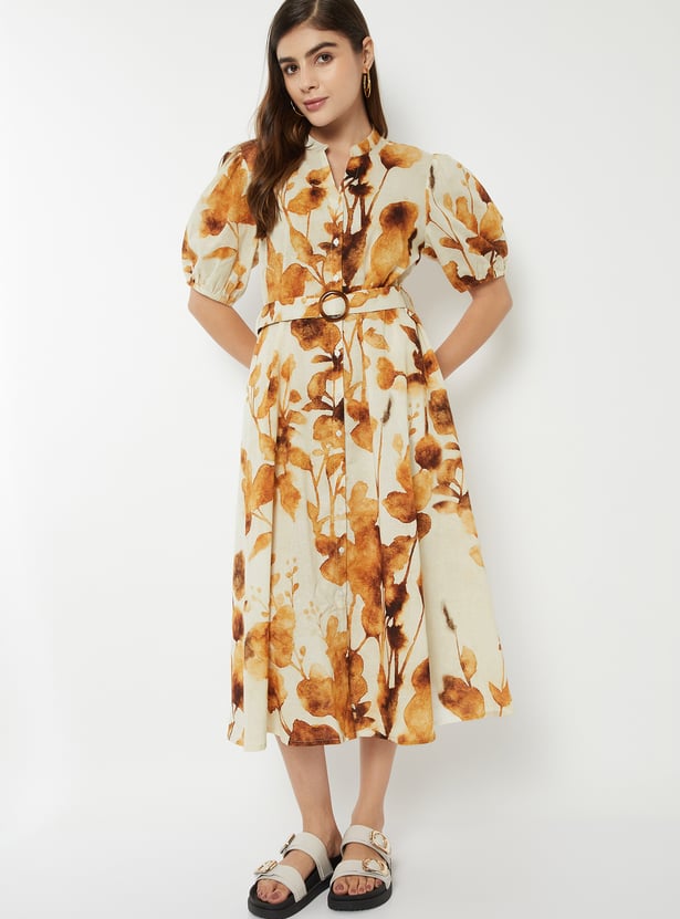 Women Floral Print Shirt Dress with Belt