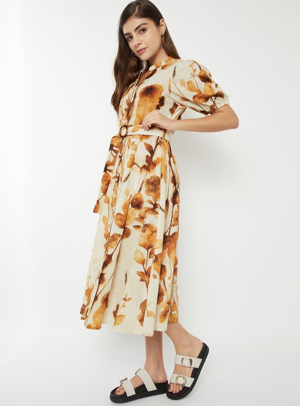 Women Floral Print Shirt Dress with Belt