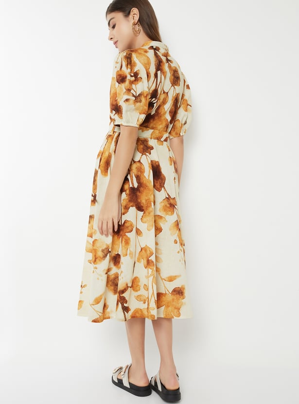 Women Floral Print Shirt Dress with Belt