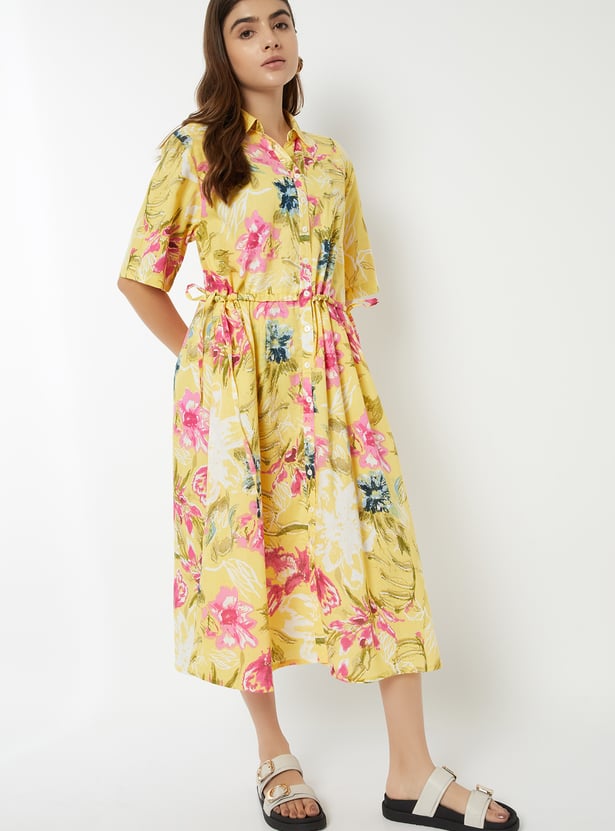 Women Floral Print Shirt Dress