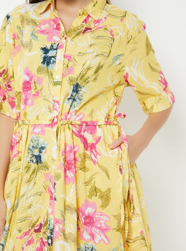 Women Floral Print Shirt Dress