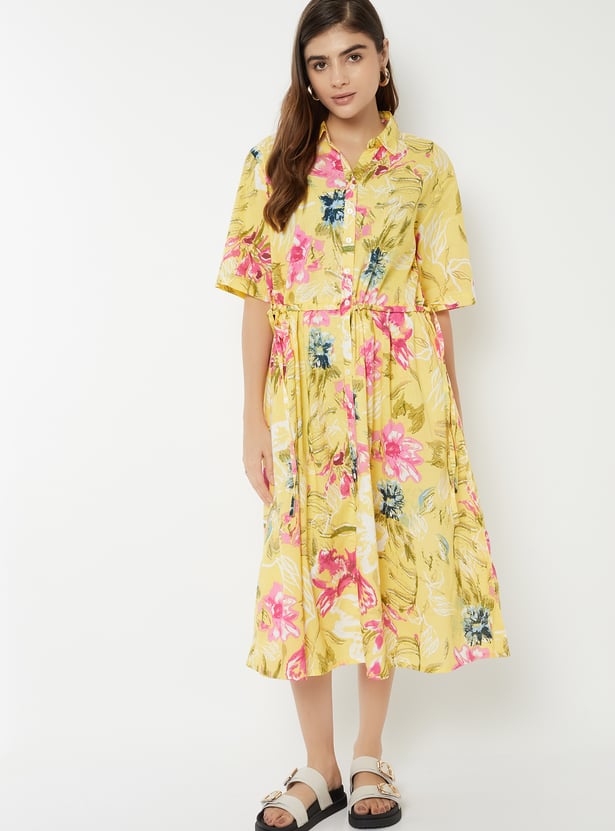 Women Floral Print Shirt Dress