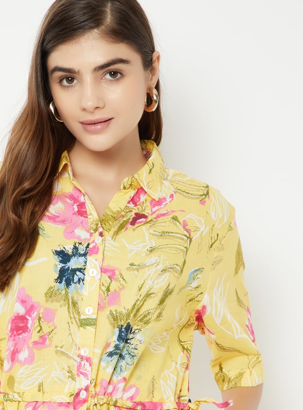 Women Floral Print Shirt Dress