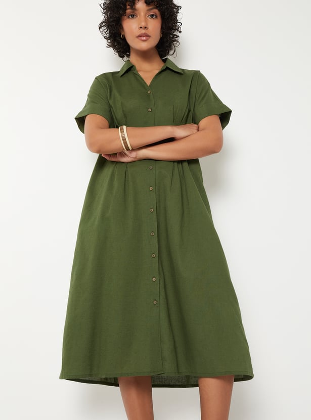 Women Pleated Shirt Dress