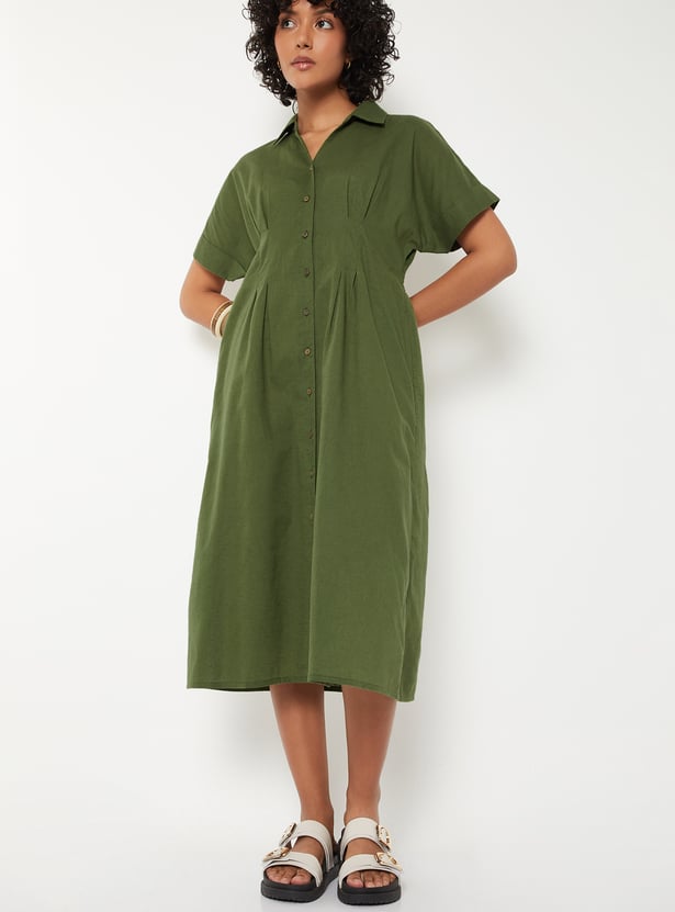 Women Pleated Shirt Dress