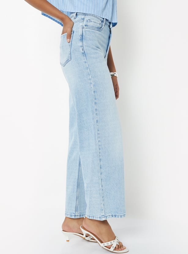 Women Light Wash Mid Rise Wide Leg Jeans