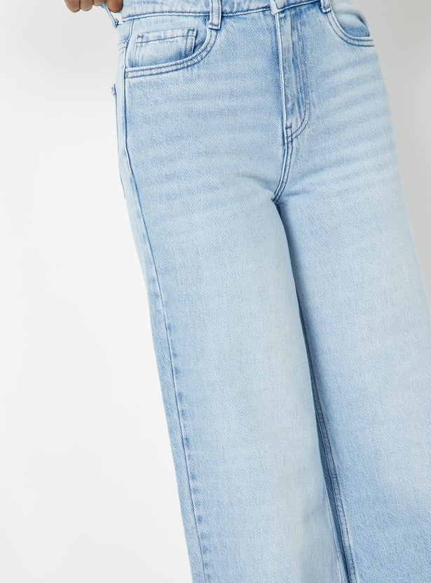 Women Light Wash Mid Rise Wide Leg Jeans