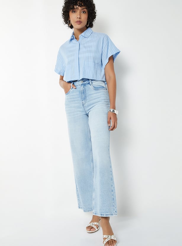 Women Light Wash Mid Rise Wide Leg Jeans