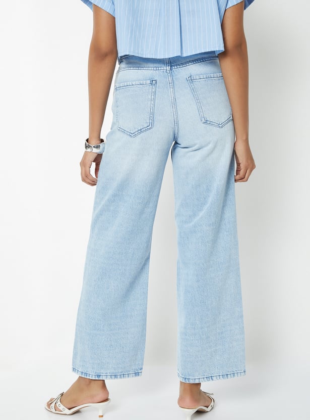 Women Light Wash Mid Rise Wide Leg Jeans