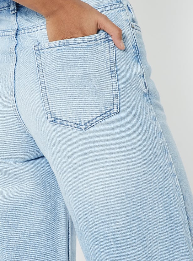 Women Light Wash Mid Rise Wide Leg Jeans