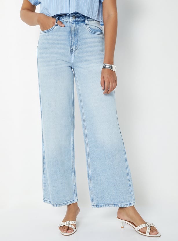 Women Light Wash Mid Rise Wide Leg Jeans